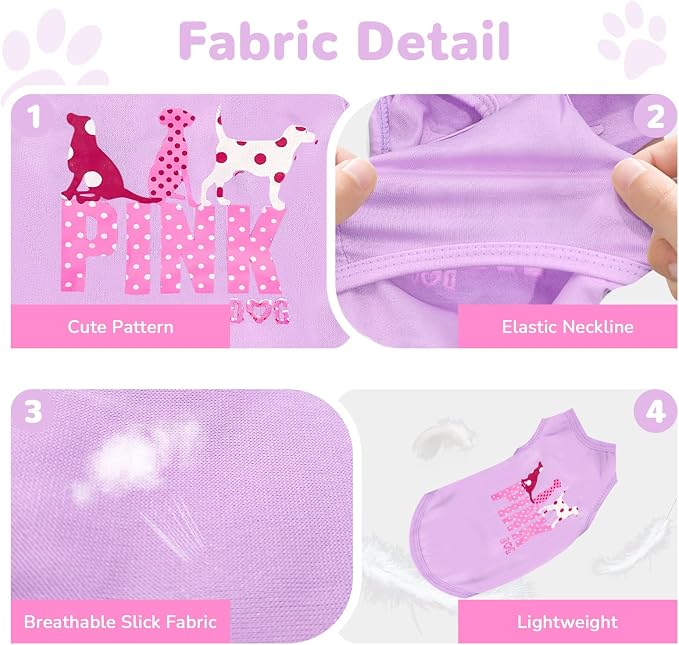 4 Pack Dog Shirt Vest Soft Lightweight Puppy Tshirt Cute Pink Dog Printed Small Pet Clothes Summer Sleeveless Yorkie Chihuahua Teacup Clothes for Small Dogs Cats Girl Boy