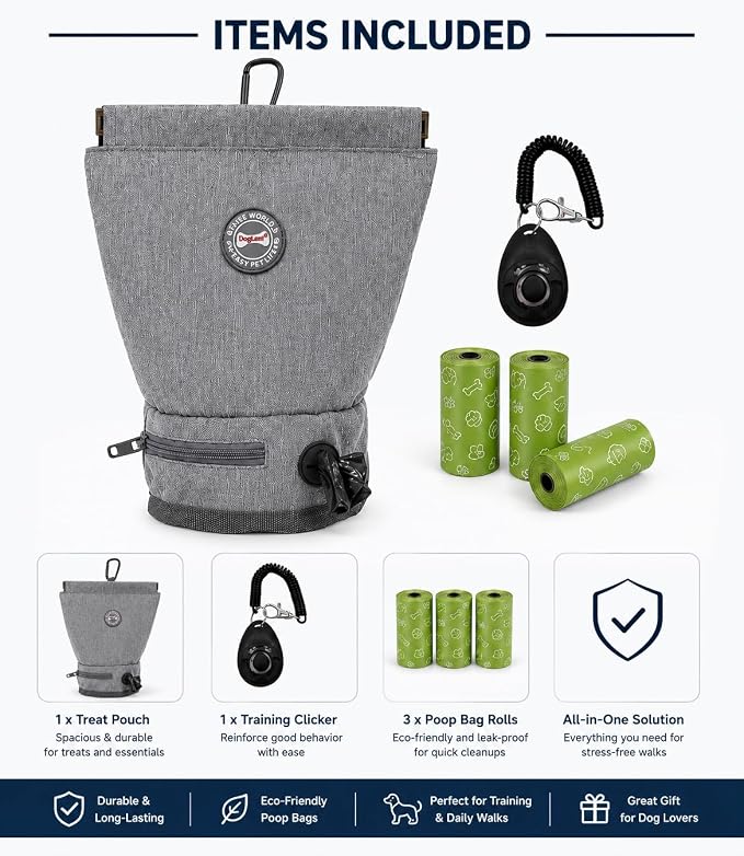 Dog Training Treat Pouch Kit with Clicker, Poop Bag Dispenser & 3 Bag Rolls, Portable Treat Training Pouch with Carabiner Clip, Gray