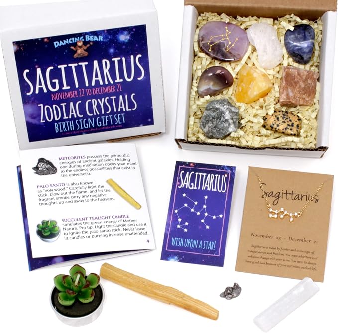 DANCING BEAR Sagittarius Zodiac Healing Crystals Gift Set (14 Pc): 9 Stones, 18K Gold-Plated Constellation Necklace, Meteorite, Succulent Candle, Palo Santo Smudge Stick & Info Guide, Made in The USA