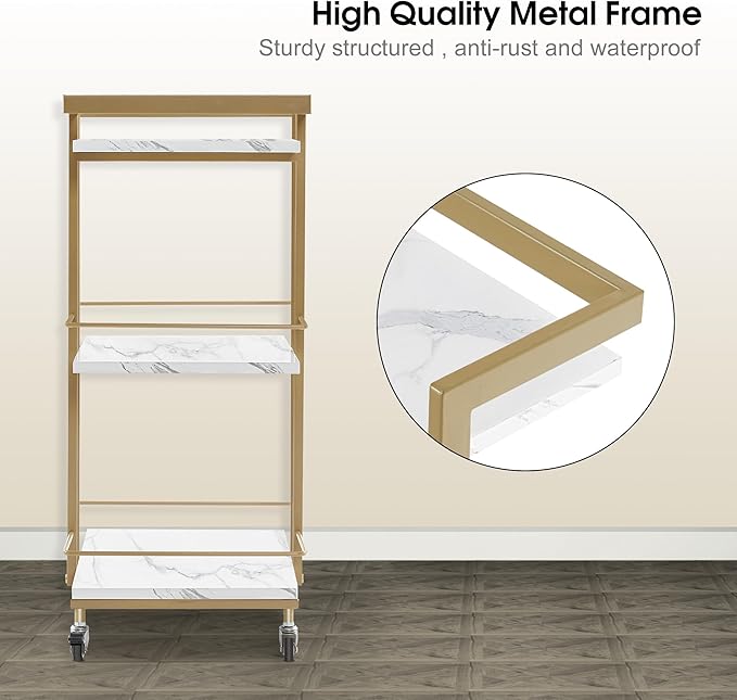 BarberPub Utility Salon Trolley, Metal Storage Rolling Barber Trolley with Wheels, Golden Esthetician Cart, Multi-Purpose 3-Tier Mobile Facial Trolley, Nail Cart 2033 (White)
