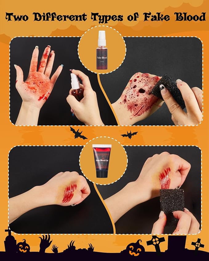 Lictin Special Effects SFX Zombie Makeup Kit, Black White Red Colors Face Body Painting Palette with Scar Wax, Fake Blood Spray & Gel, Vampire Skeleton Clown Makeup Body Paint (18PCS)