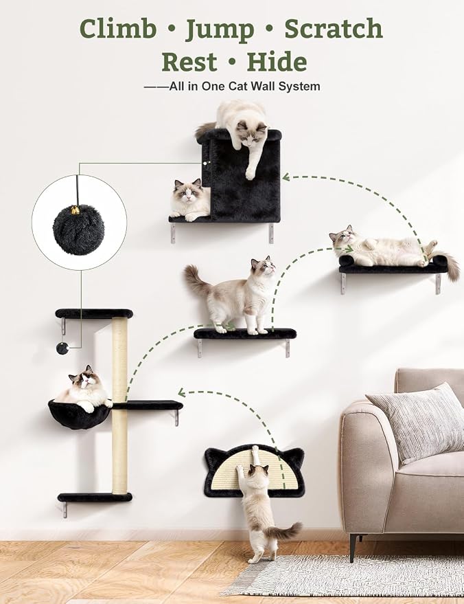 5-in-1 Cat Wall Shelves, Solid Wood Cat Wall Furniture Set for Indoor Cats | 44 lb per Shelf, 72-Hour Load Tested, Pre-Drilled, Fits 16 in. Stud Drywall & Solid Walls, for Small to Medium Cats