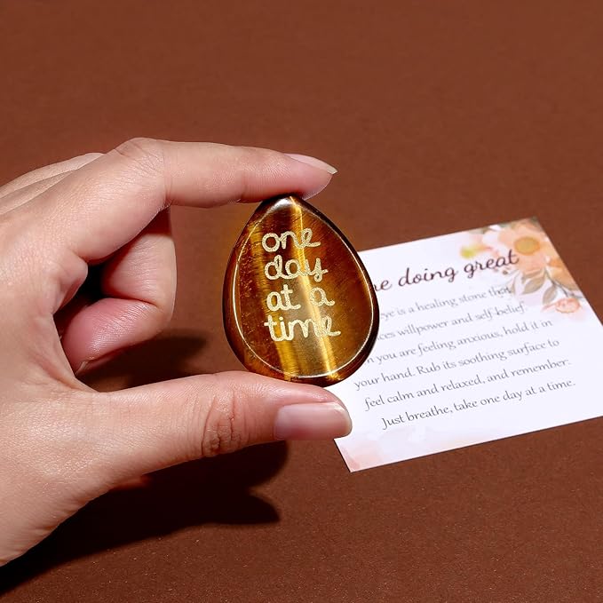 ZHIYUXI One Day at A Time Tiger Eye Thumb Worry Stone for Anxiety Crystals Hand Thumb Stones Pocket Thinking of You Gifts for Women Inspirational Worry Stones for Stress Relief Sobriety Gifts for Her