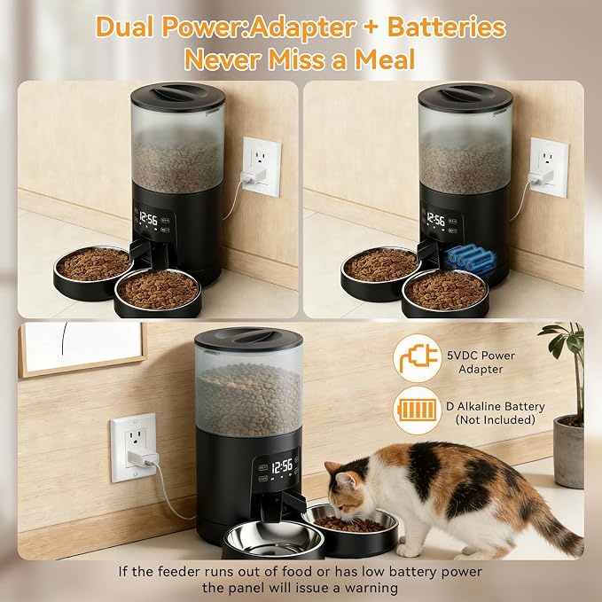 NEWBULIG Automatic Cat Feeder for 2 Cats, 6L Timed Pet Feeders, Black | Dual Bowls, 25.3 Cups, 10s Voice Recorder, Dog Food Dispenser for Dry Food, 6 Meals/Day, 50 Portions/Meal, Dual Power Supply