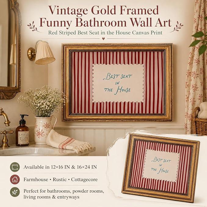 Funny Bathroom Wall Art, Vintage Gold Framed Best Seat in the House, 12x16 | Red striped canvas with Best Seat in the House quote, rustic farmhouse decor for bathroom, living room, bedroom or entryway
