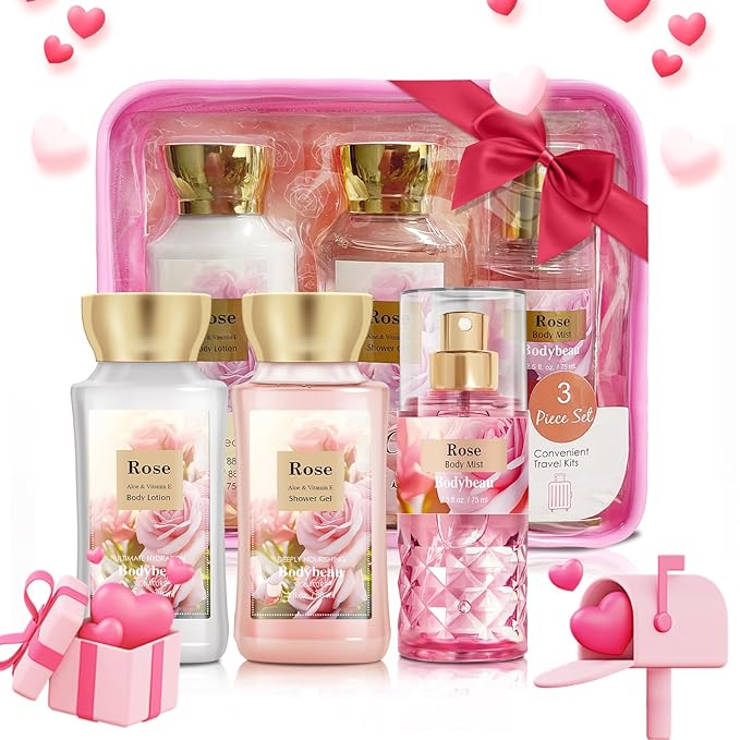 Mother's Day Rose Spa Gift Set - 3PCS Luxury Bath and Body Kit for Women with Shower Gel, Body Lotion & Body Mist - Portable Travel Size Self Care Gift for Mom, Wife, or Her