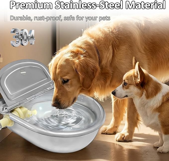 Automatic Water Dispenser for Dogs & Cat Stainless-Steel Water Bowl Outdoor | Heavy Duty Large Pet Waterer Feeder for Poultry & Livestock, w/ float valve