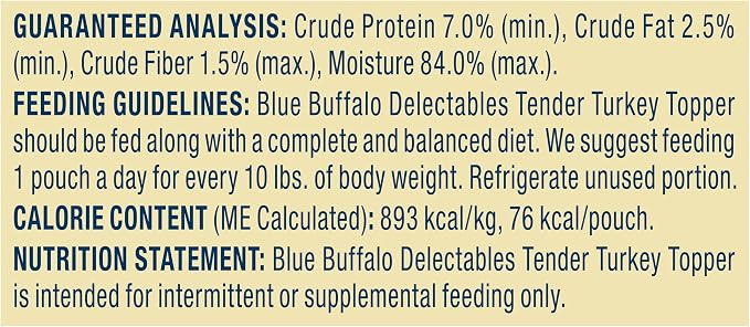 Blue Buffalo Delectables Turkey Dog Food Topper, 3 oz, 24 ct | Real Turkey with Garden Veggies in Gravy, Single-Serve Pouch, Topper or Treat