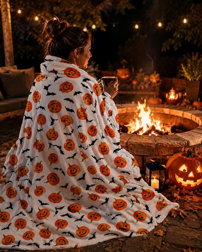 Halloween Fleece Throw Blanket: Happy Jack O'Lantern Pumpkins and Black Bat Design on Soft Velvety Blanket for Sofa Bed Couch Chair Dorm, 50" x 60"