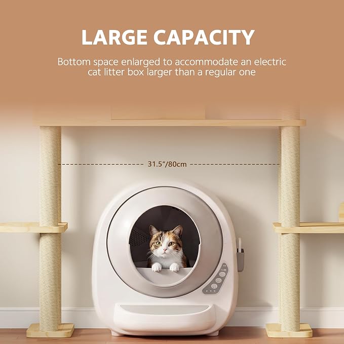 60'' Cat Tree for Automatic Litter Box, for Heavy Cats up to 22lbs | Solid Wood Large Cat Tower with Tunnel & House, Space-Saving for Indoor Multi-Pet Households, Stops Furniture Scratching