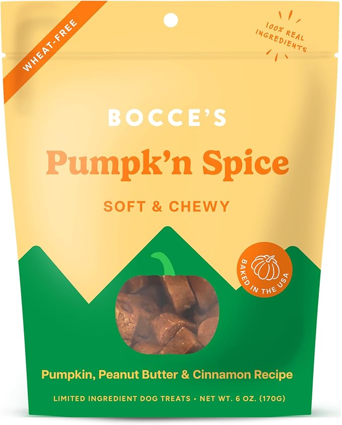 Bocce's Bakery Pumpk'n Spice Flavor Soft & Chewy Dog Treats, 6 oz | Oven Baked, Wheat-Free Everyday Dog Treat Cookies - Made with Real, Limited Ingredients and Baked in The USA