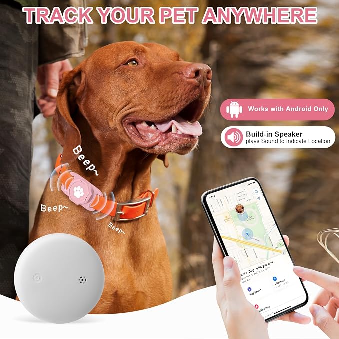 Smart Pet Tracker for Collar - Dog Tracker Pet Location Tracker with Holder | Real-Time Location, No Monthly Fee/ SIM Card, Work with Android Only (Not for IOS), Ultra-Slim, IP68 Waterproof Holder, Pink