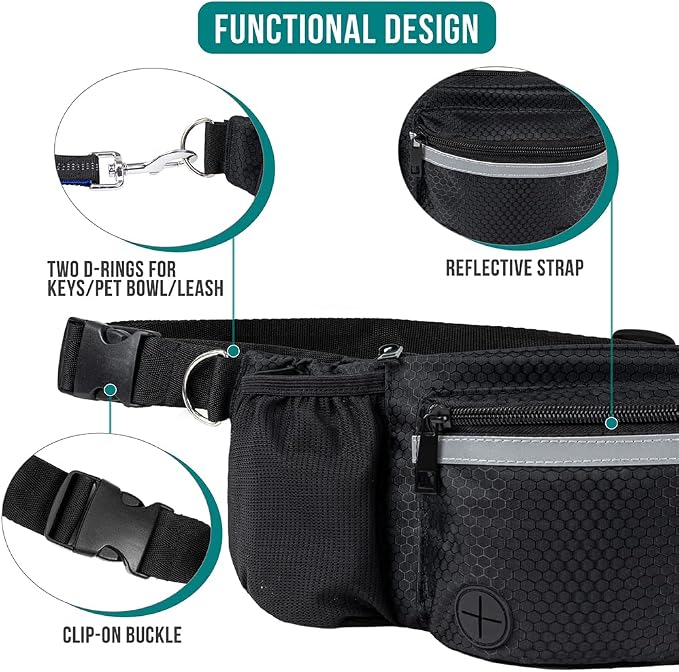 PetAmi Dog Fanny Pack, Treat Pouch for Dog Walking Training, Black | Built in Poop Bag Dispenser, Water Bottle Holder, Collapsible Bowl, Pet Treat Waist Belt for Hiking Running Kibbles
