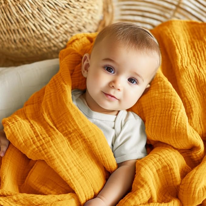 EMME Muslin Blankets for Adults Mustard Yellow Small Blanket 40" x 50" | Throw Blanket for Couch Breathable Gauze Soft Lightweight Airy Light