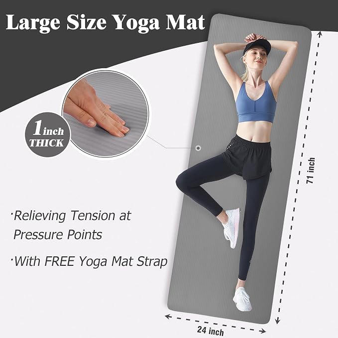 Fitvids 1 Inch Thick Yoga Mat 71x24 Inch - Non Slip Workout Mat with Carry Strap, Multiple Colors - Versatile Exercise Mat for Home, Gym, Pilates, Meditation - For All Skill Levels