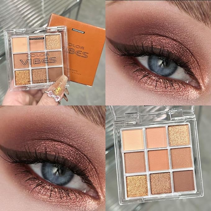 URQT Golden Caramel Eyeshadow Palette – 9 Warm Bronze & Nude Brown Shades with Matte & Metallic Finishes, High Pigment Blendable Palette for Natural to Glam Looks