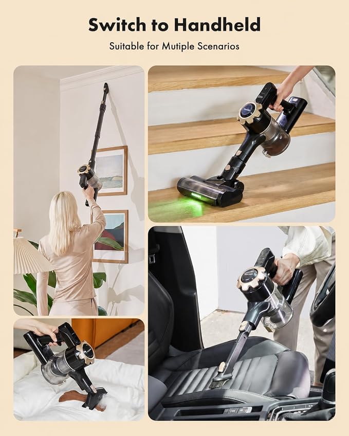 Trucozie Cordless Vacuum Cleaner, 8-in-1 Lightweight Stick Vacuum with 45mins Runtime, Powerful Suction, Green Light & Self-Standing Vacuum Cleaners for Home, Hardwood Floors, Carpet, Pet Hair, Black