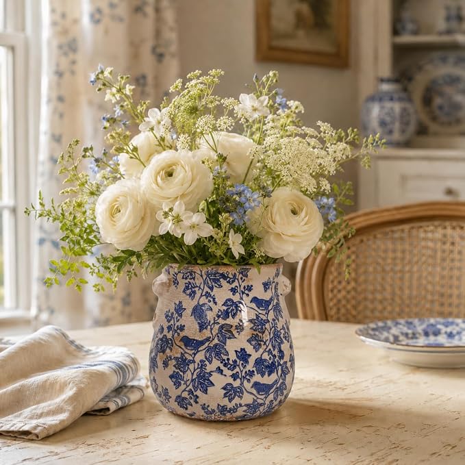 English Country Ceramic Planter, 6.7" Chinoiserie Vase & Utensil Holder | Vintage Crock Flower Pot with Drainage for Indoor & Outdoor Use, Rustic Farmhouse Kitchen & Garden Decor Gift (Blue Bird)