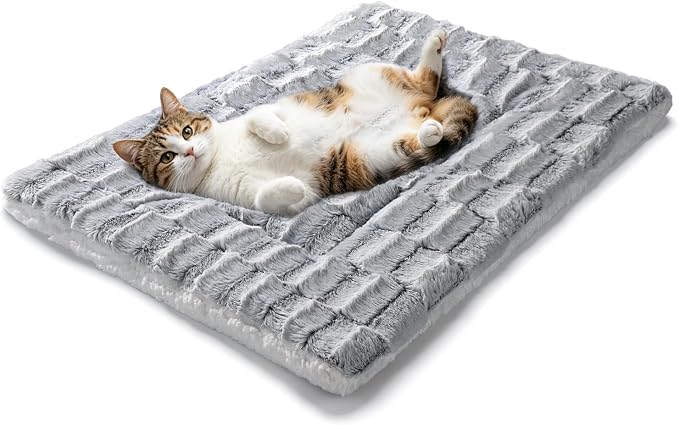 Self Warming Cat Bed for Indoor Cats, Soft Faux Rabbit Fur Mat | 23.6"x15.7", Faux Rabbit Fur with Ridged Chenille, Silent Crinkle-Free, Double-Sided Cozy, Non-Slip Bottom, Machine Washable