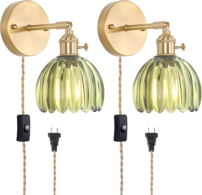 Shenmoyl Plug in Wall Sconce, Green Tulip Glass Lampshade Wall Light Plugin Corded for Bedside Bedroom Doorway, 2 Pack