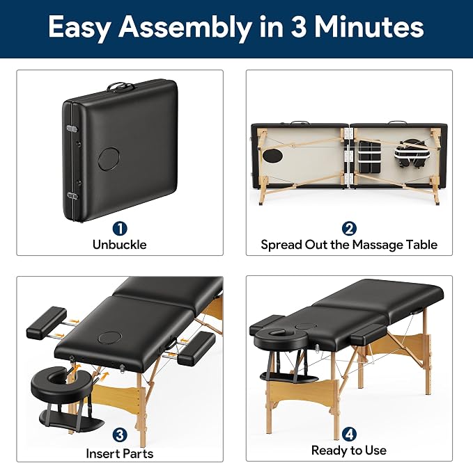 Brelley Massage Table Portable Wooden Lash Bed Adjustable Height 2-Fold Spa Table Foldable Tattoo Bed (Black)