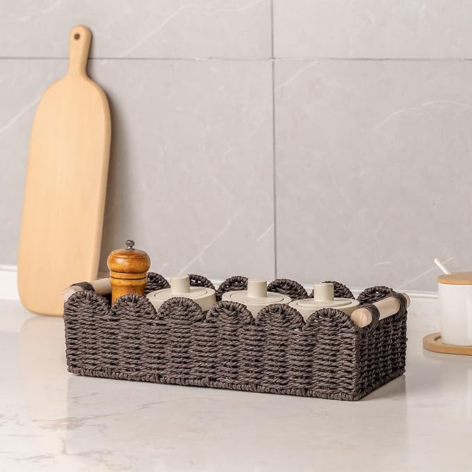 CubesLand Scalloped Toilet Paper Storage Basket W/Handle for Home Decor | Paper Rope Toilet Organizer Basket for Countertop, Over Toilet Shelf, End Table, Living Room Cozy Decorative & More, Brown