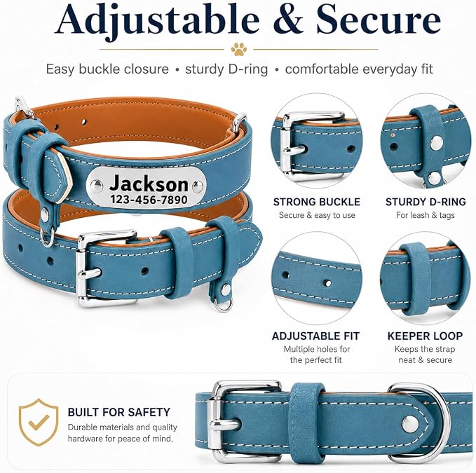 Personalized Genuine Leather Dog Collar with Name Phone Number-Sky Blue-M