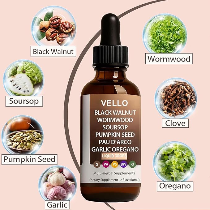VELLO Black Walnut Wormwood | Soursop, Pumpkin Seed, PAU D'arco, Garlic Oregano | -2 Oz/60ml (1)