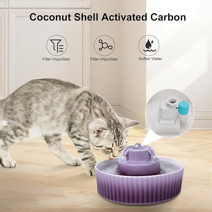 Ceramic Cat Fountain, 2.1L Pet Drinking Fountain for Cat and Dog, Cat Fountain Porcelain, Cat Water Dispenser with Activated Carbon Filter and Sponge Foam Pre-Filter (Purple)