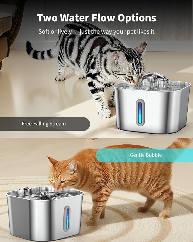 Stainless Steel Cat Water Fountain - 74oz/2.2L Cat Drinking Fountain | Quiet Cat Fountain for Indoor Cats and Small Dogs, Automatic Pet Water Dispenser Keeps Fresh Water