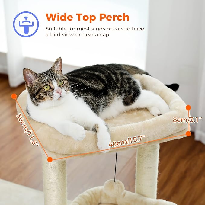 PEQULTI Indoor Cat Tree Tower Small Cats, Sisal Post & Cozy Condo, Beige | Private soft cat condo, soft top perch, natural sisal scratch posts, plush pom-pom toy for indoor kitties