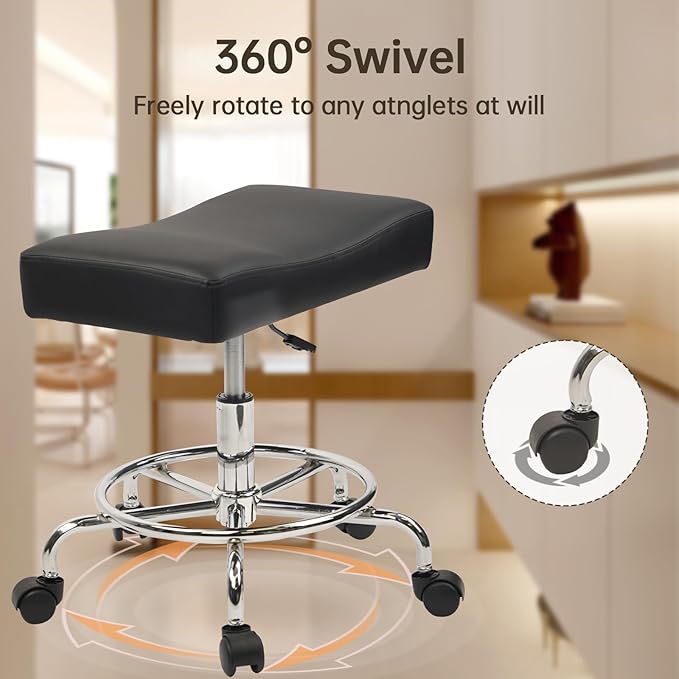 Heavy Duty Extra Wide Rolling Stool PU Leather Thickened Seat Cushion with Foot Rest Adjustable Height Swivel with Wheels for Spa Salon Tattoo Work Massage Barstool, Black, 2 Pack