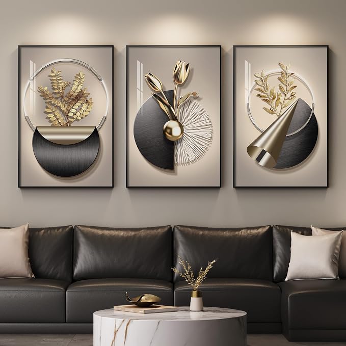 Large Framed Modern Elegant Wall Art for Living Room, 3 Piece 24x36 In | Black gold flower pictures, Crystal coating wall art set, Luxury prints paintings for bedroom dining room hallway office
