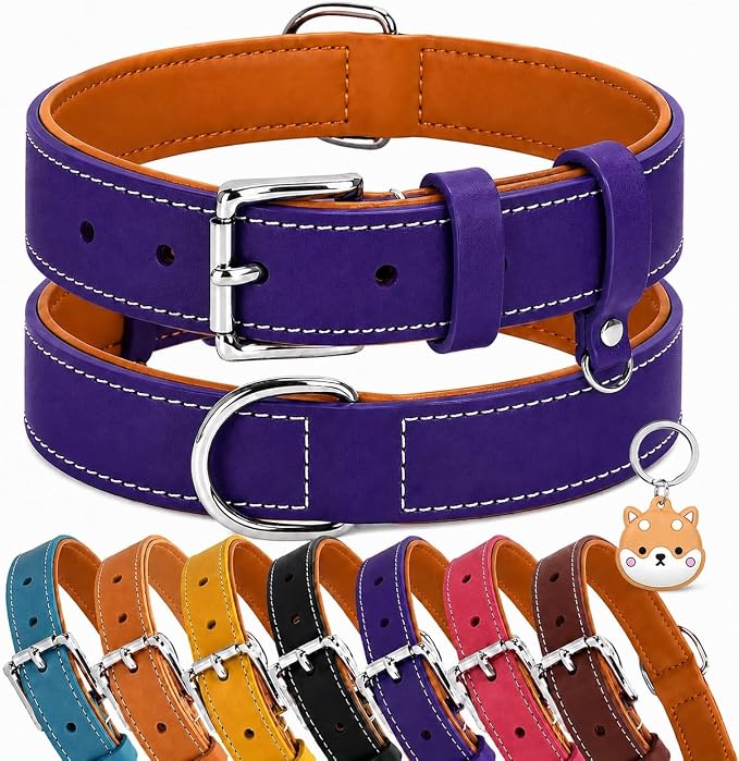 Genuine Leather Dog Collar, Soft Padded Leather Dog Collars with Airtag Holder Case for Small Medium Large X-Large Dogs,Comfort Heavy Duty Pet Collar with Durable Metal Buckle & D-Ring-Dark Purple/XS