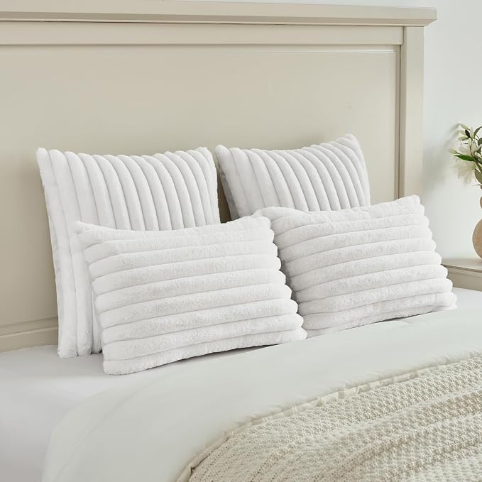 FUTEI Pack of 2 Faux Fur Throw Pillow Covers 20x20 Inch, White | Fluffy Faux Rabbit Fur Front/Premium Velvet Back,Hidden Zipper,Machine Washable,Non-Shedding,Colorfast,Insert Not Included.