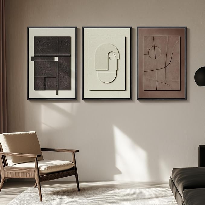 3D Large Framed Brown Abstract Wall Art for Living Room, 3Piece 24x36 In | Solid Wood Frames, Sandstone Textured Artwork for Walls, Black White Geometric Sculptural Pictures Wall Decor Bedroom Office