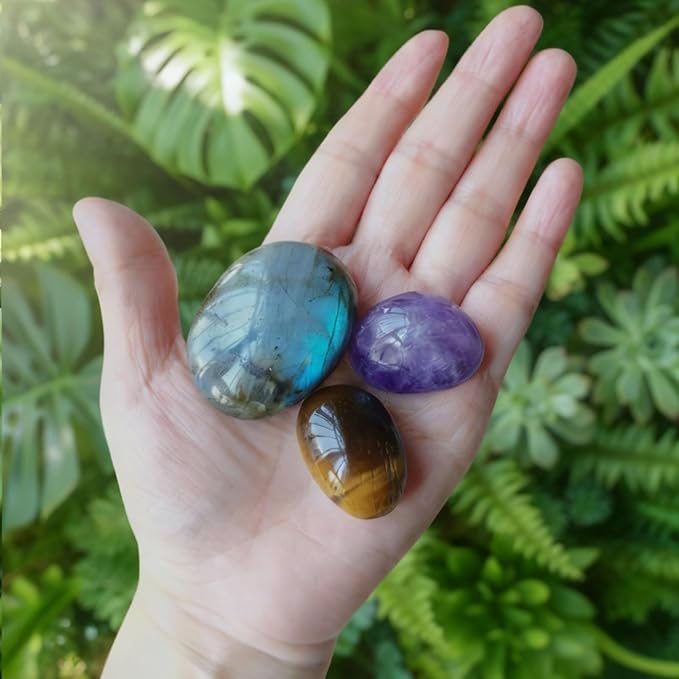 Protection & Anxiety Relief Crystal Set - Polished Palm Stones Labradorite, Tiger Eye & Amethyst, Worry Stones Trio for Meditation, Yoga, Travel Protection, Aura Cleansing & Chakra Balance