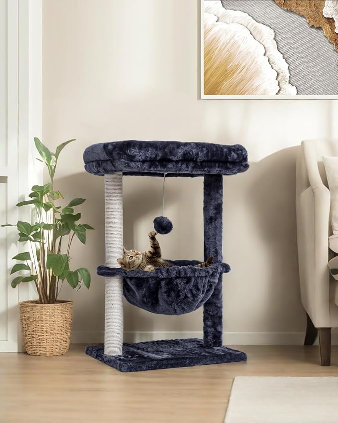 SYANDLVY Small Cat Tree for Indoor Cats, Activity Cat Tower for Kittens | Scratching Post, Cat Condo & Furniture with Basket & Hanging Ball for Play Rest, Smoky
