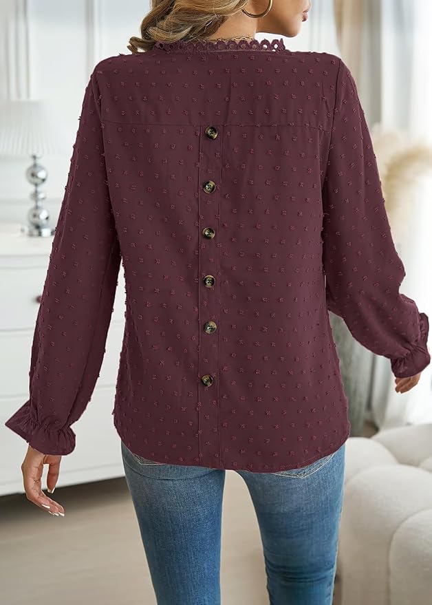 Womens Boho Tops Long Sleeve Shirts For Women Cute Crewneck Blouse Dressy Casual Swiss Dot Crochet Hollow Top 2026