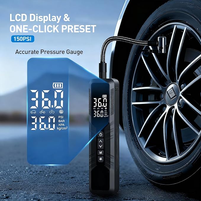 Tire Inflator Portable Air Compressor - 150PSI Cordless Air Pump for Car Tires, Portable Tire Inflator for Car, DC 12V Air Compressor with Pressure Gauge/LED Light for Auto/Bike/Motorcycle/Ball