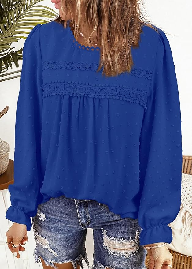 Womens Boho Tops Long Sleeve Shirts For Women Cute Crewneck Blouse Dressy Casual Swiss Dot Crochet Hollow Top 2026