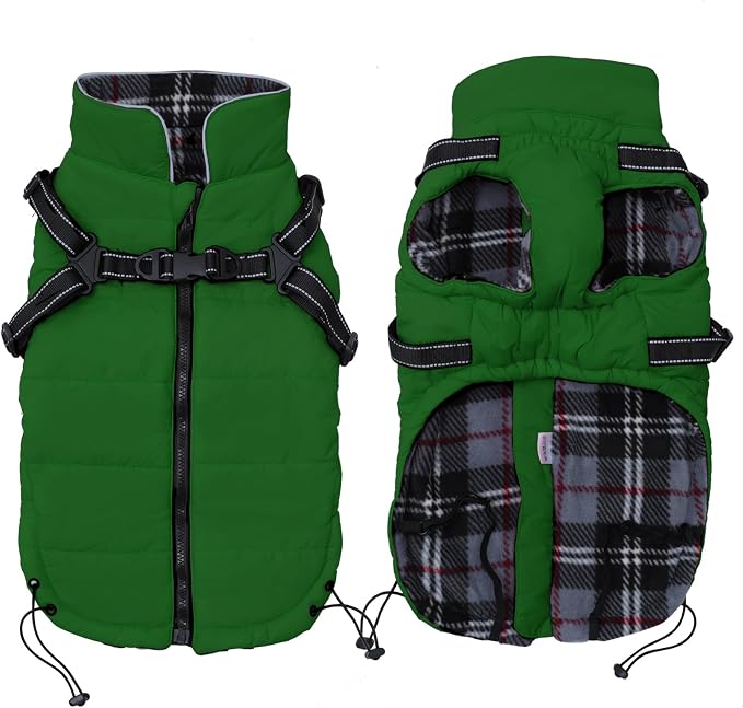 Geyecete Winter Warm Coat Waterproof Dog Winter Jacket with Harness Traction Belt,Pet Outdoor Jacket Dog Autumn and Winter Clothes for Medium, Small Dog-Green-M