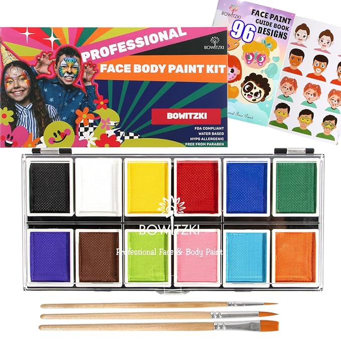Professional Face Paint Kit, Bowitzki 12 Colors Non Toxic Hypoallergenic Water Based FDA Compliant Professional Halloween Makeup Body Face Painting Colors
