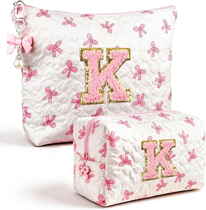 Initial Makeup Bag, Valentines Day Gifts for Women Teens Girls Birthday Gift Personalized Bow Cosmetic Bag, Quilted Cosmetic Travel Toiletry Pouch, Cute Makeup Organizer Teen Girl Gifts Trendy Stuff K