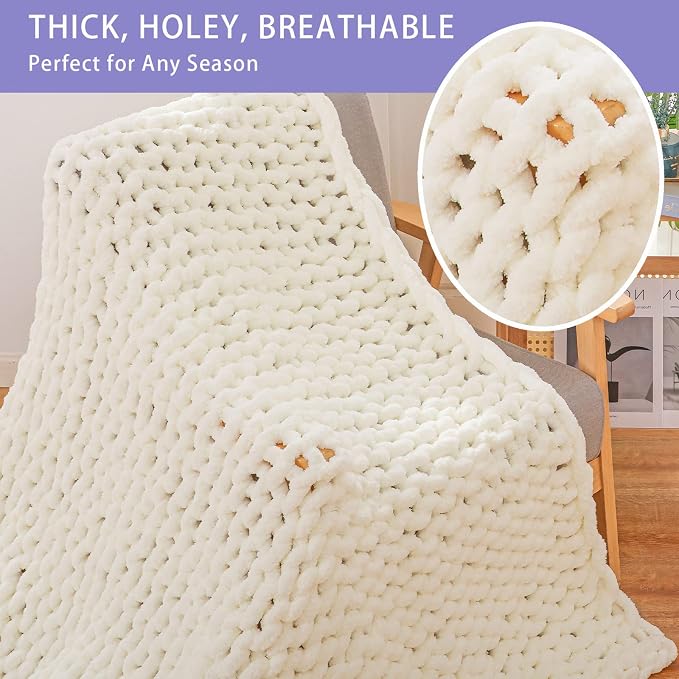 Bigacogo Chunky Knit Throw Blanket for Couch, 40x40 inches, Ivory | Hand Knit with Jumbo Chenille, Soft Breathable Cable Knit for Sofa Bed Living Room, Machine Washable, Gift for Mom Friend
