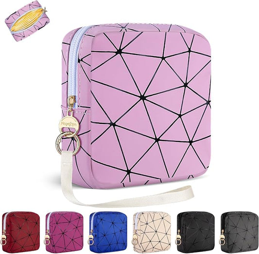 Period Bag for Teen Girls, PU Leather Sanitary Napkin Storage Bag, Menstrual Pad Bag Tampon Holder for Purse (Pink)