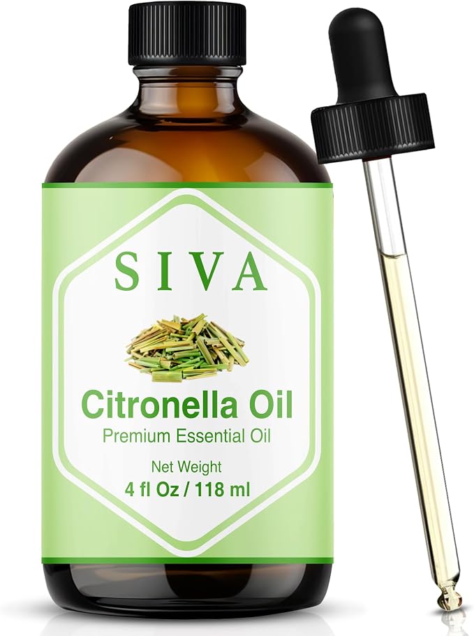 Siva Citronella Essential Oil 4 Fl Oz – for Diffuser, Skin & Hair Care – Ideal for Massage & DIY Blends- with Dropper