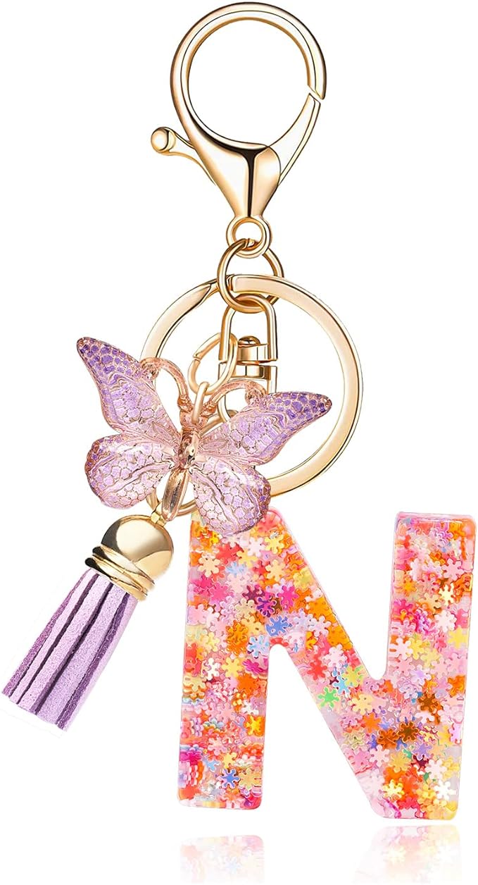 Fashion Alphabet Initial Letter Keychain Tassel Butterfly Pendant Key Ring for Purse Handbags Women Girl
