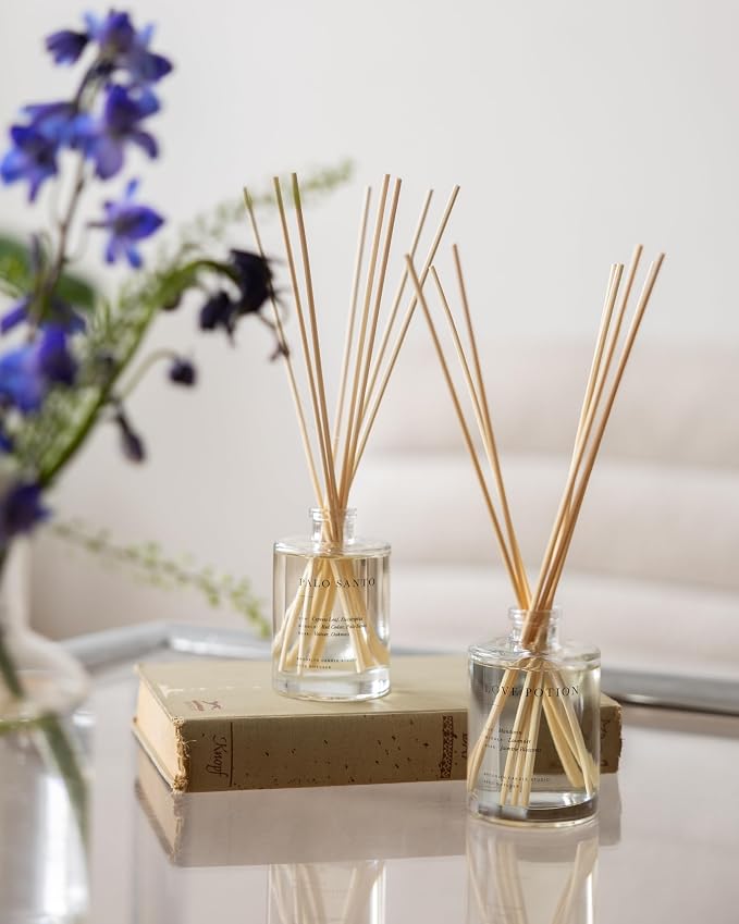 Brooklyn Candle Studio Reed Scent Diffuser - Palo Santo - Relaxing Oil Diffuser, Cedar, Eucalyptus & Sandalwood Fragrance, 8 Rattan Diffuser Reeds, Clean Ingredients - 3.7oz