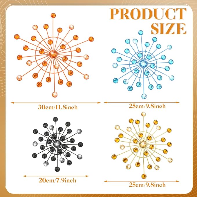 Blulu 4 Pcs Metal Wall Decor Bling Crystal Wall Art Cast Iron Rhinestones Sunburst Decor Starburst Art Hanging Diamond Accents Home Decorative for Living Room Bedroom Entryway (Mid Century)